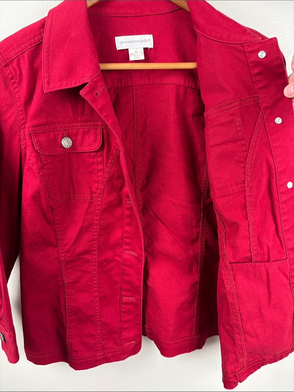 Christopher & Banks Deep Red Cotton Jean Jacket Medium button up classic 38” - Picture 5 of 9